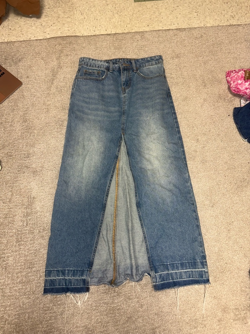 Urban Outfitters Blue High-Waist Denim Maxi Skirt with Front Slit